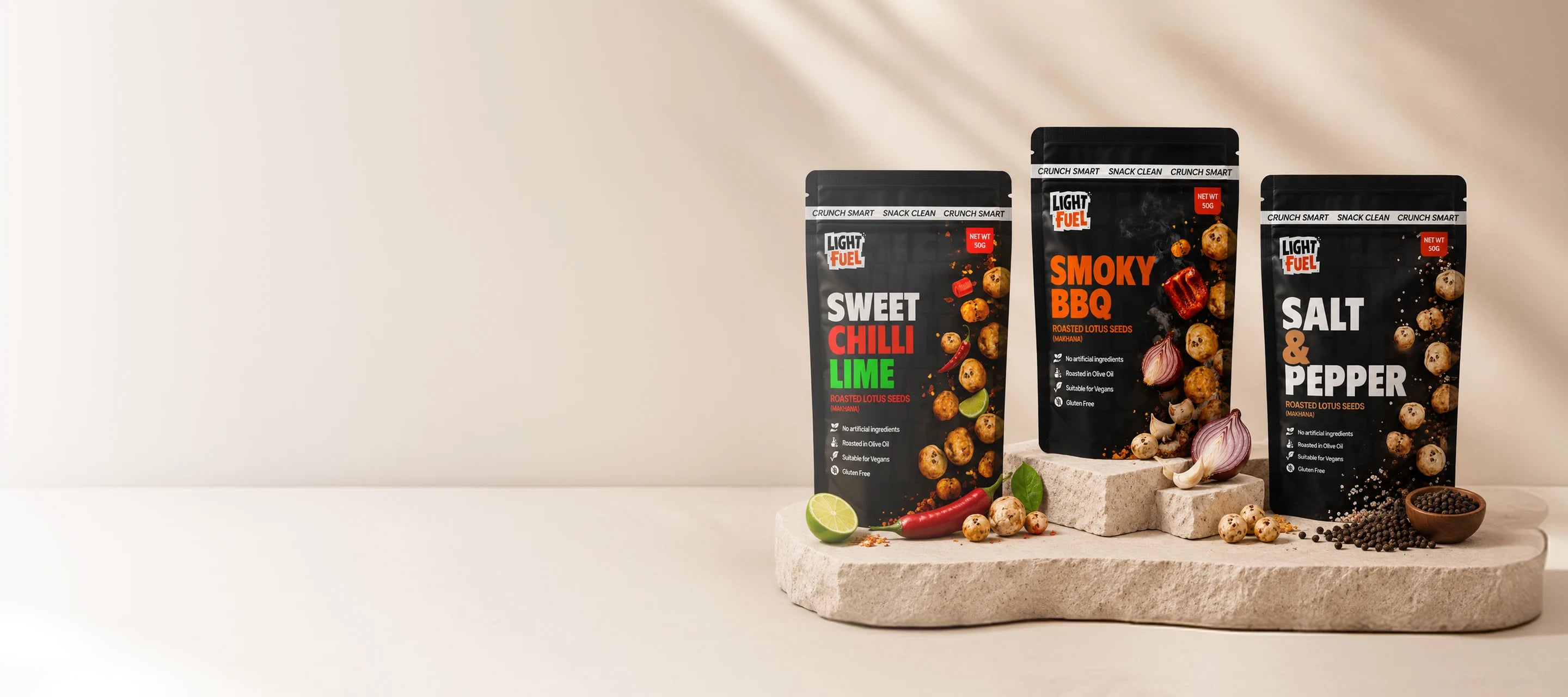Sweet Chilli Lime, Smoky BBQ and Salt and Pepper Light Fuel roasted lotus seed packs